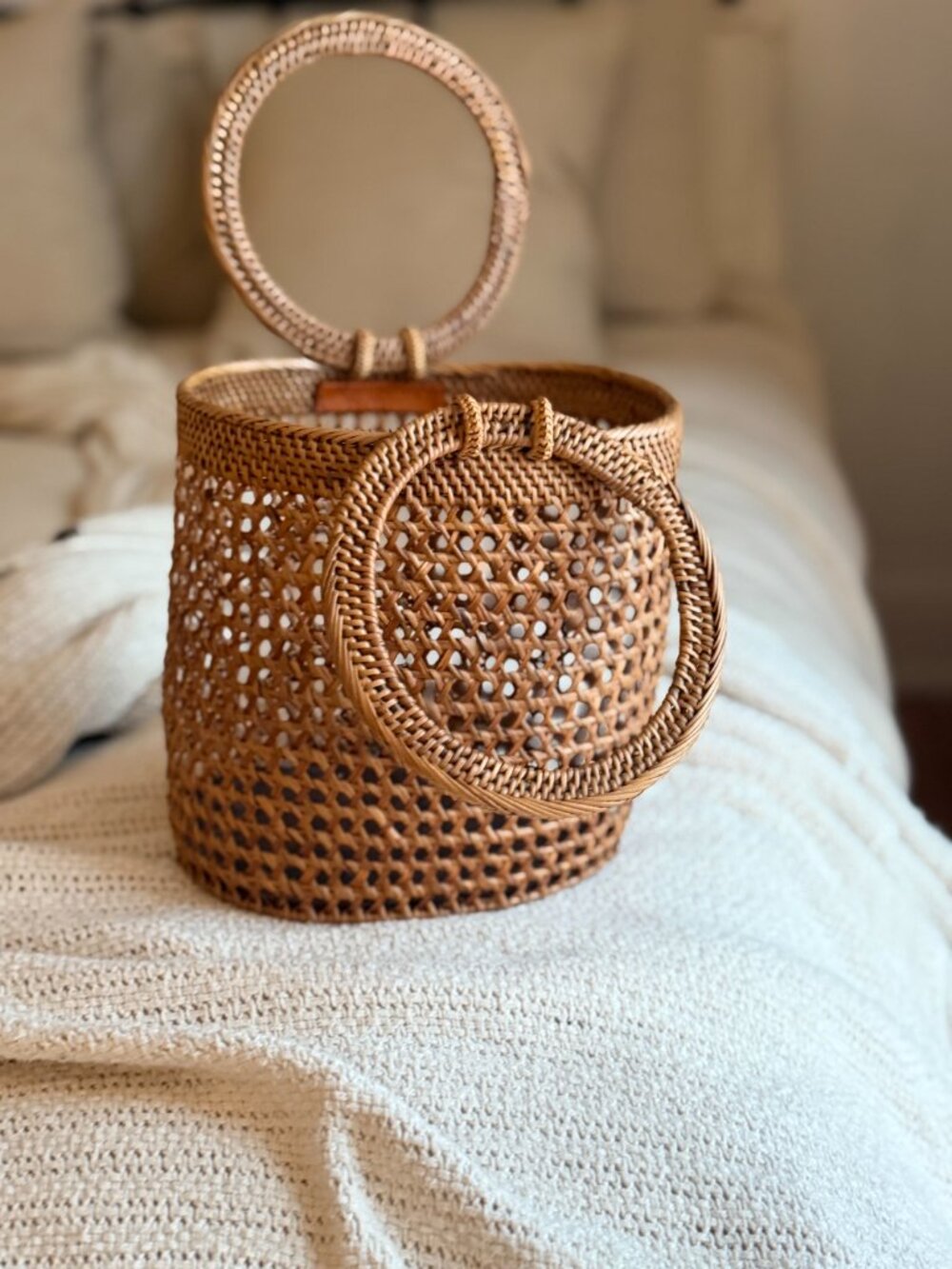 Street Level Woven Rattan Basket Bag | Round Handles - Picture 3 of 5